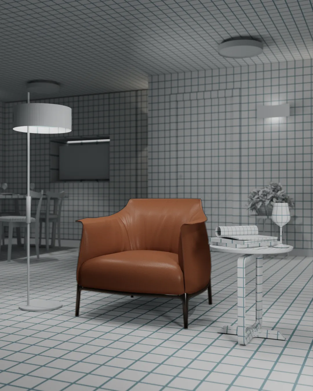 render realista de un sillón en piel marrón en una ambiente 3d de de un salón