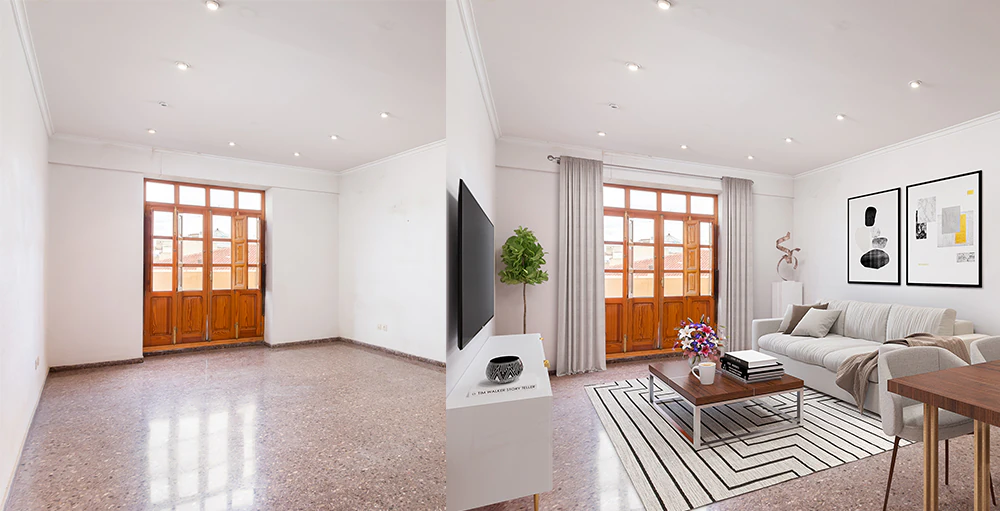 antes y despues de la reforma integral del salon de una vivienda en Valencia