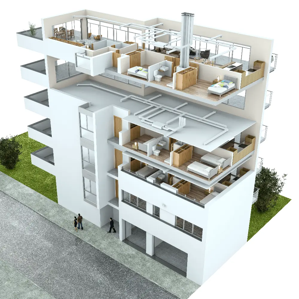 3D cutaway view of a white apartment building