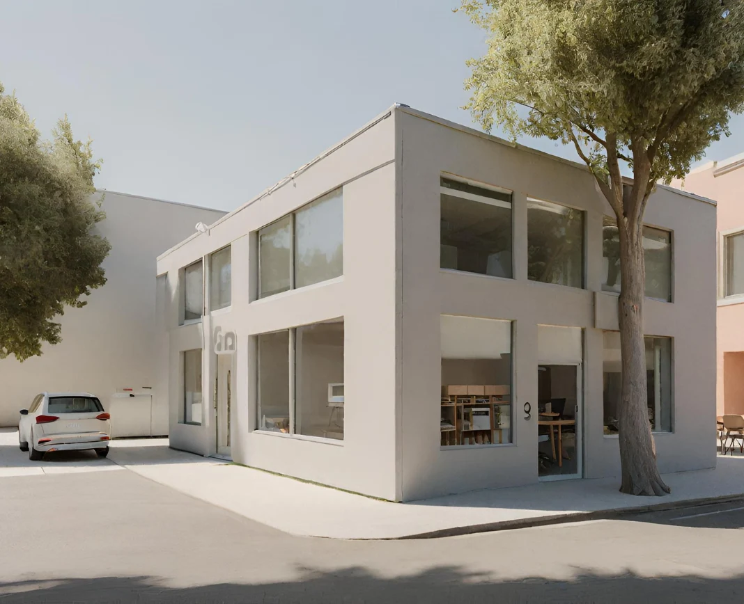 3D rendering of a white building facade with a car parked on the left.