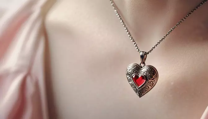 heart metal pendant with red gem inside