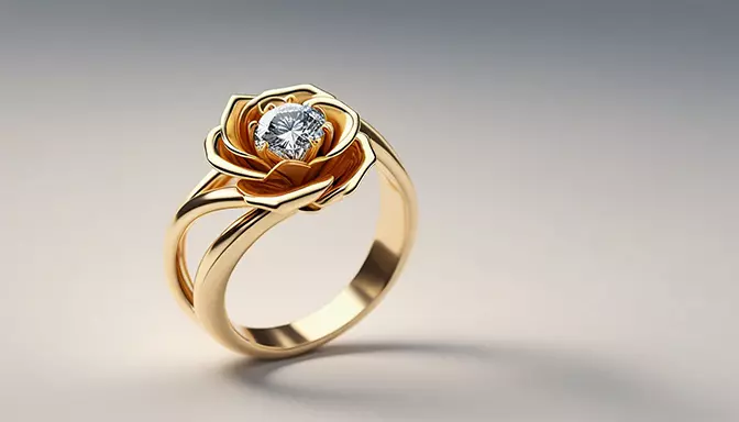 anillo en oro con forma de rosa y diamante central, render 3d