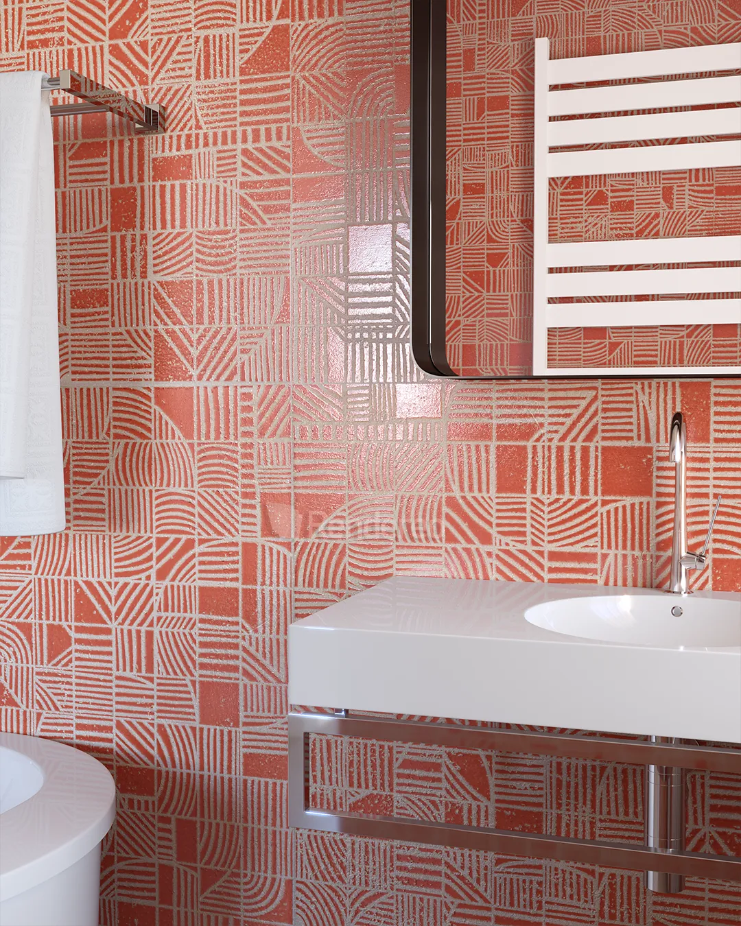 Dettaglio 3D renderizzato della parete rivestita in mosaico ceramico rosso, lavandino bianco sulla destra