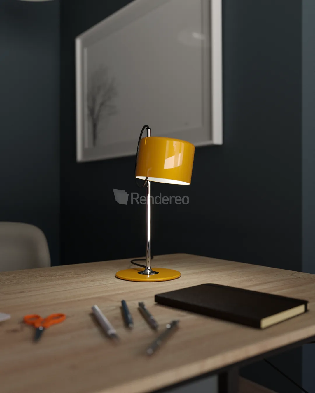 Lampada da tavolo gialla su scrivania in legno di rovere, rendering 3D