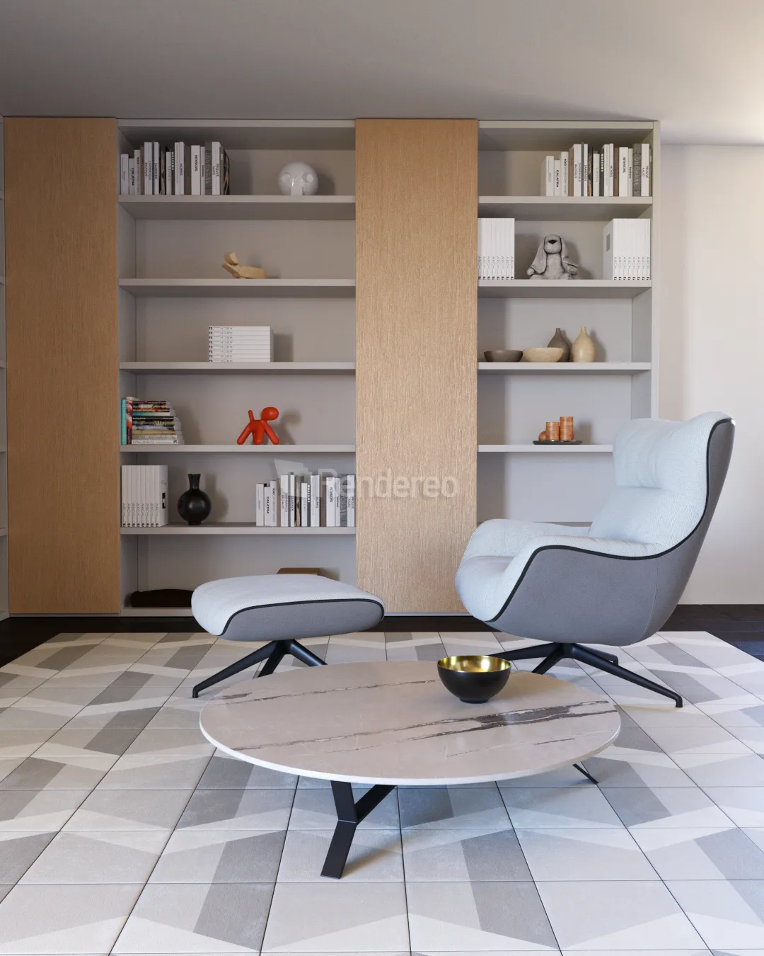 Sillón de diseño blanco con mesa baja de comedor en marmol, renders 3d