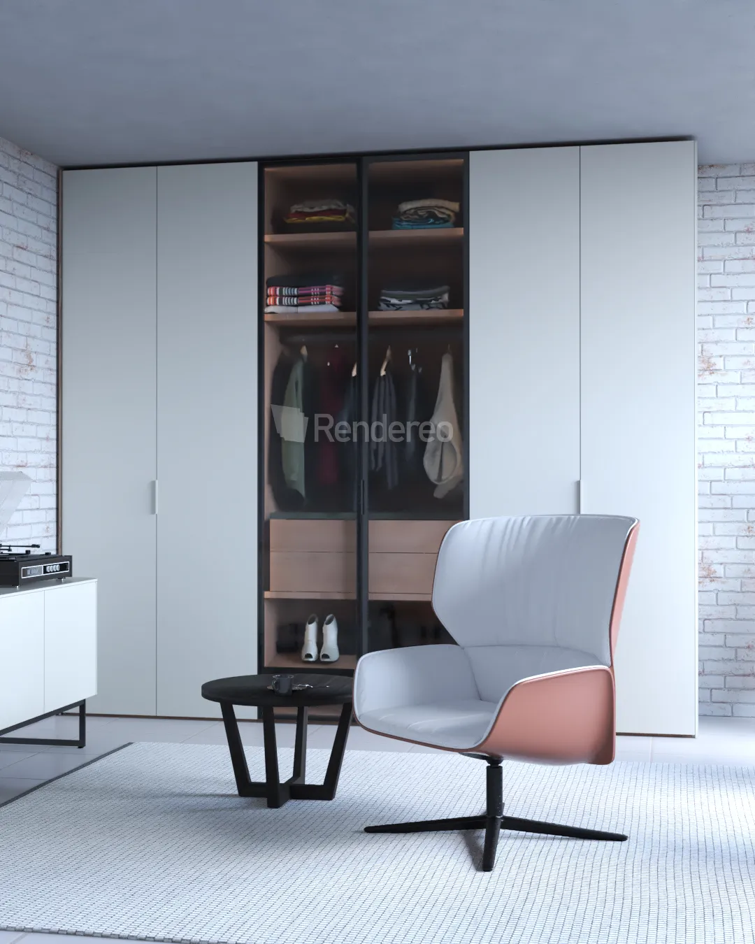 sillón con armario con puerta en cristal en dormitorio moderno, renders 3d