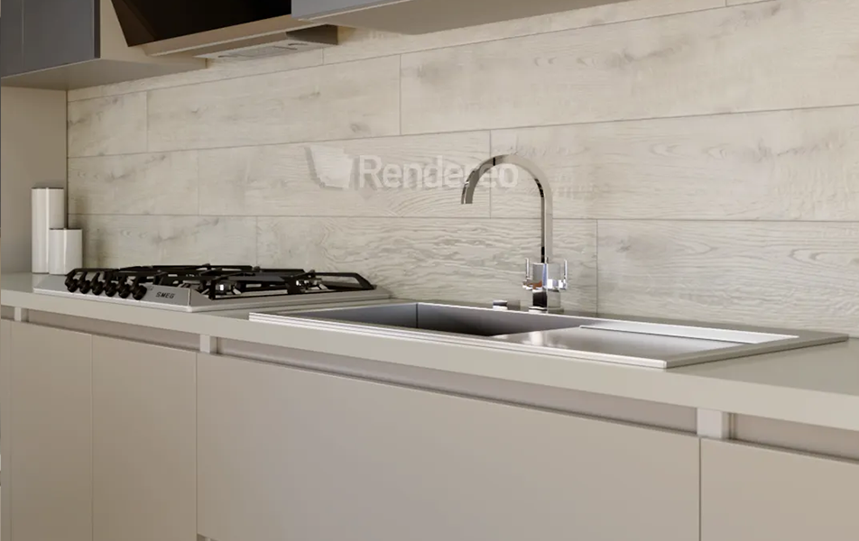 cocina gris roto con encimera blanca y pared revestida en cerámica con efecto madera sbiancato