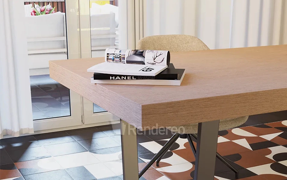 Detalle de la esquna de una mesa en roble con patas en metal color antracita en comedor con pavimento en ceramica