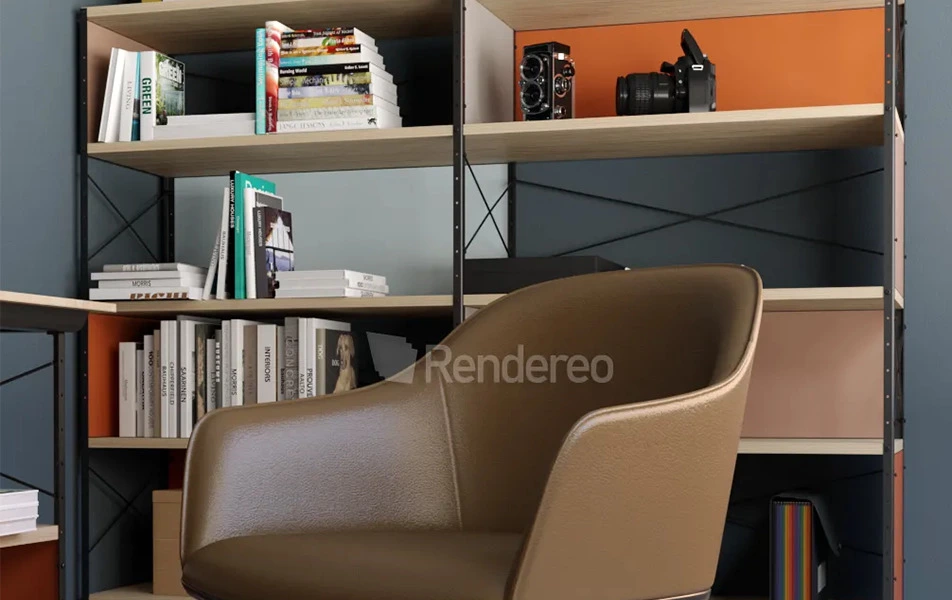 Silla en piel marrón con libreria al fondo en una oficina con pavimento en parquet claro 