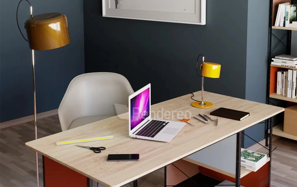 Escritorio de un despacho moderno con paredes azul y lampara vertical en metal