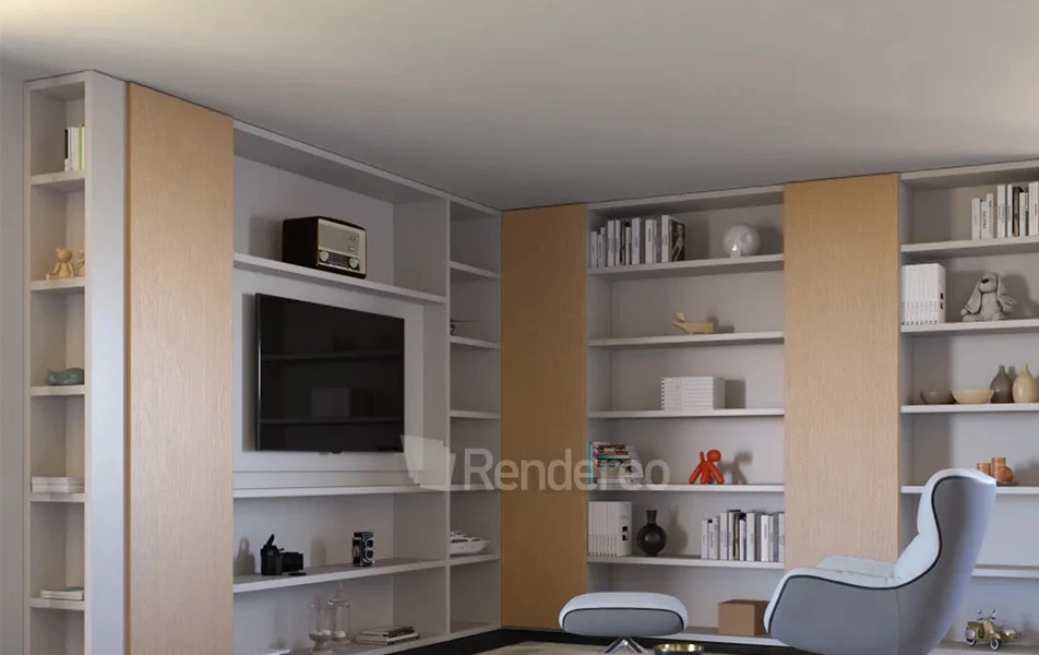 Render 3d de una libreria con television integrada en angulo blanca, con puertas en roble, en el centro mesita con sillón moderno