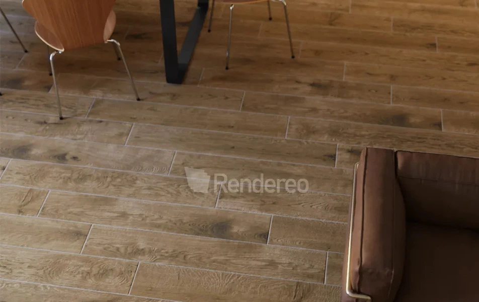 detalle 3d de un pavimento en cerámica marrón imitación madera