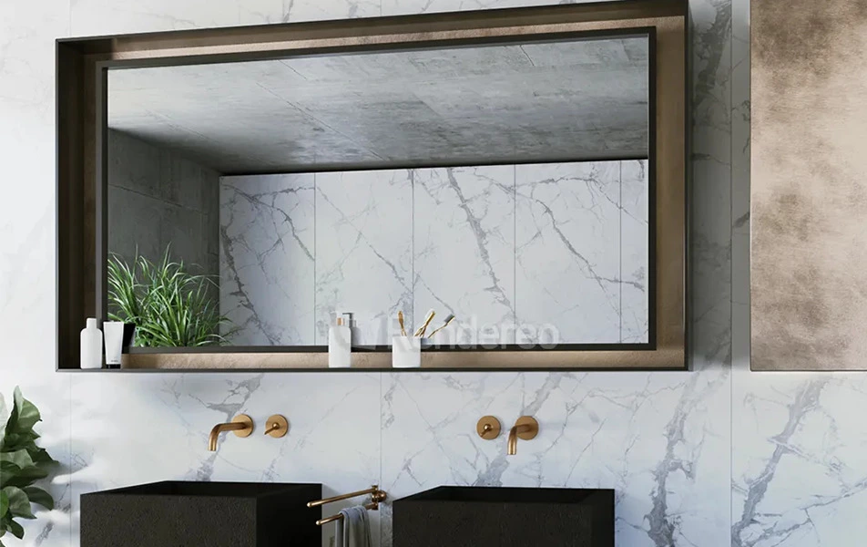 renders 3d de un baño de lujo con dos pilas y dos espejo, pared revestida en marmol blanco