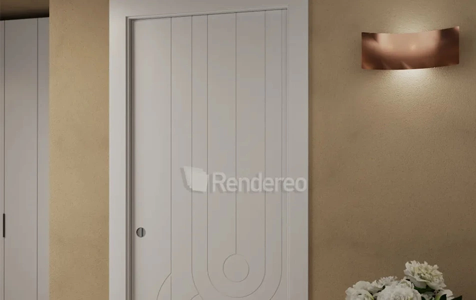 Puerta blanca lacada con dibujo en relieve en salón clásico
