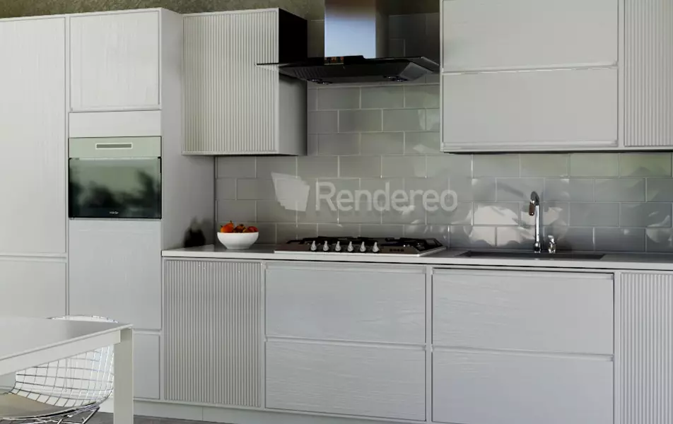 cocina en madera blanca con pared detrás en revestimiento cerámico